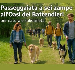 Partecipanti con cani alla passeggiata a sei zampe nell’Oasi dei Battendieri