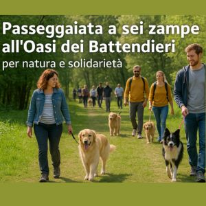 Partecipanti con cani alla passeggiata a sei zampe nell’Oasi dei Battendieri