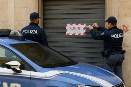 Polizia durante sequestro beni boss Taranto davanti a bar chiuso