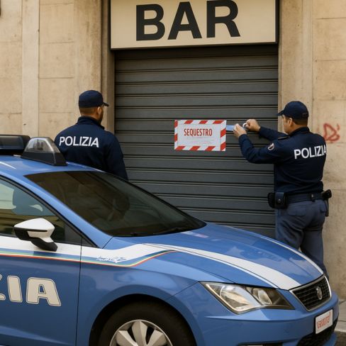 Polizia durante sequestro beni boss Taranto davanti a bar chiuso