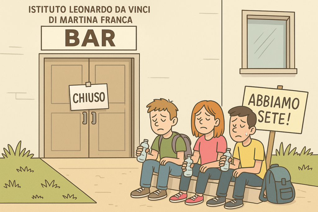 bar chiuso dell’Istituto Leonardo Da Vinci di Martina Franca, sotto il sole, con bottiglie d’acqua vuote e cartelli