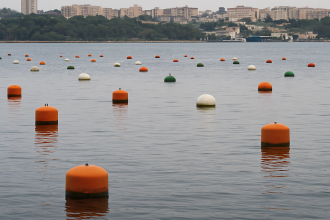 Veduta del primo seno del Mar Piccolo con boe galleggianti – ALT: Impianti abusivi nel Mar Piccolo di Taranto sotto sequestro
