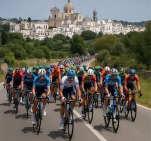Ciclisti durante il passaggio nel Tarantino per la quinta tappa del Giro d’Italia 2025"