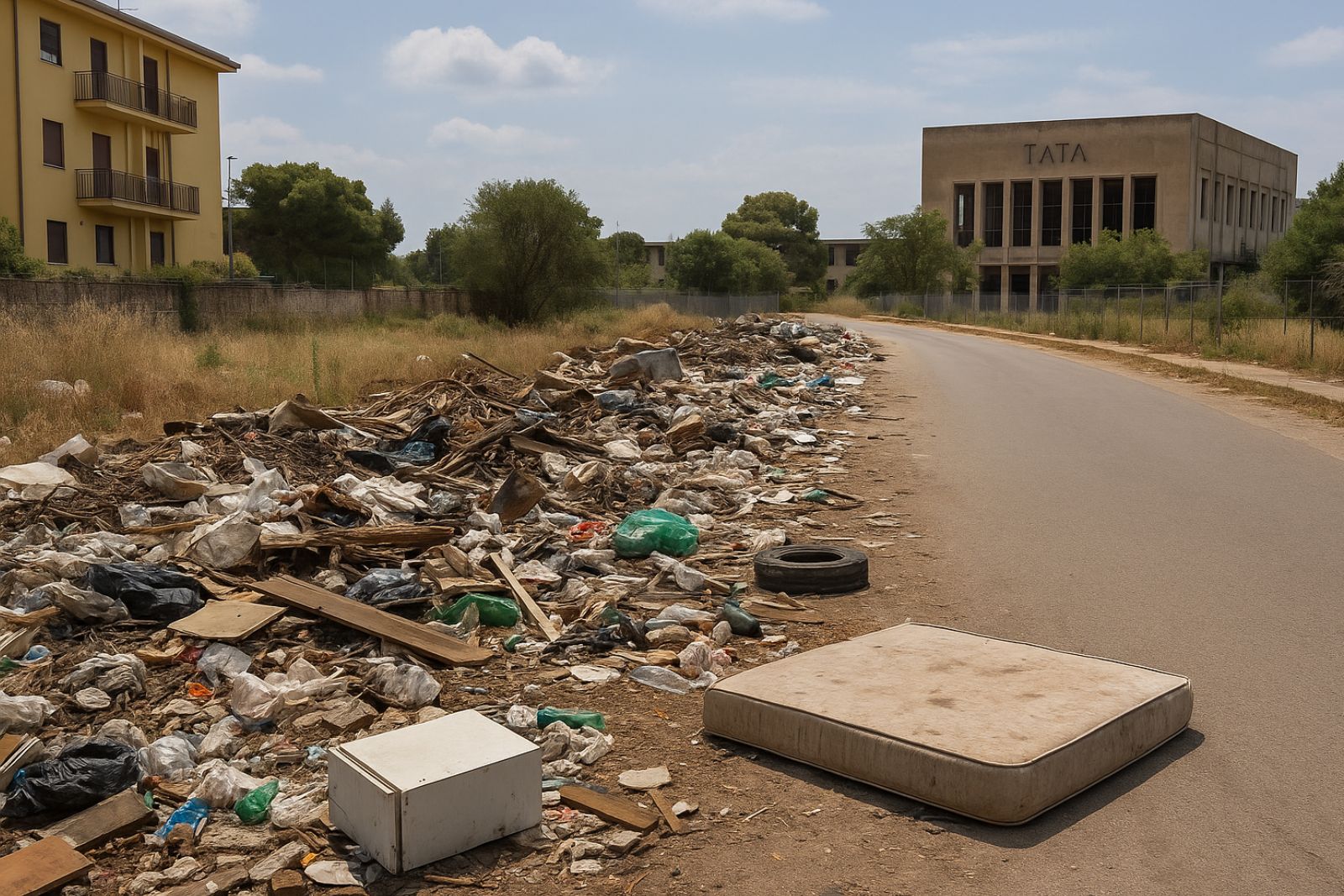 Discarica a cielo aperto in via Santissimi Angeli Custodi a Taranto, rifiuti nel quartiere Tamburi