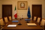 Interno prefettizio con tavolo istituzionale, microfoni, fascicoli e presenza di rappresentanti comunali e regionali.