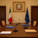 Interno prefettizio con tavolo istituzionale, microfoni, fascicoli e presenza di rappresentanti comunali e regionali.