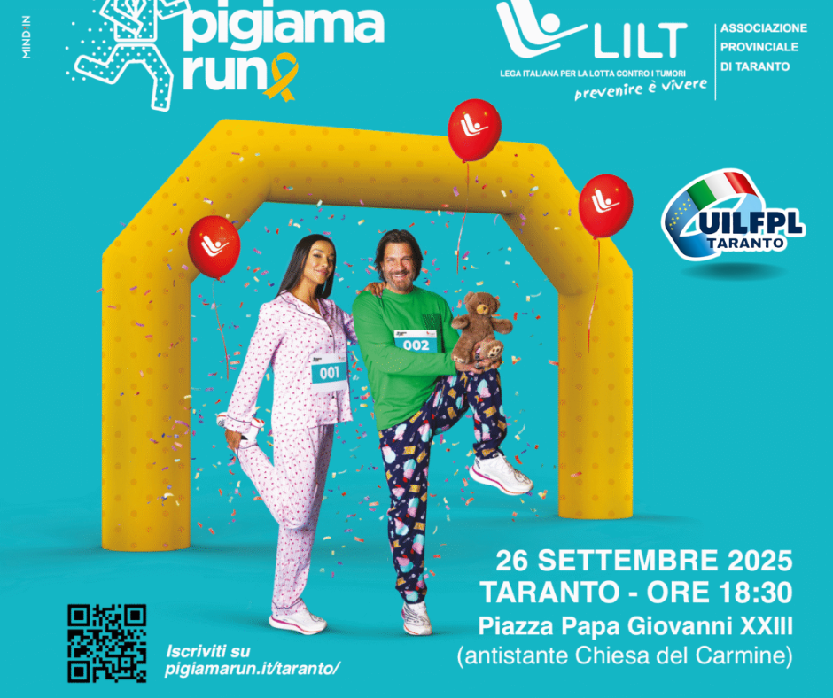 Partecipanti alla Pigiama Run 2025 a Taranto per i bambini dell’Oncoematologia Pediatrica