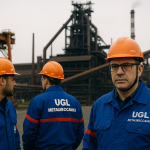 Stabilimento Ex Ilva Taranto e operai UGL Metalmeccanici in primo piano