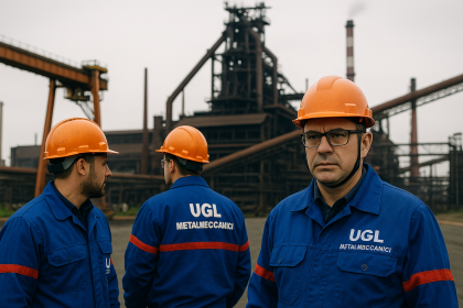 Stabilimento Ex Ilva Taranto e operai UGL Metalmeccanici in primo piano