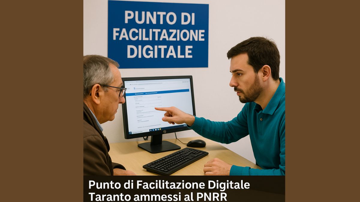 Operatore del Punto di Facilitazione Digitale Taranto che aiuta un cittadino all’uso dei servizi online.
