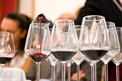 Banco di degustazione del Primitivo di Manduria con calici e sommelier durante un evento vino