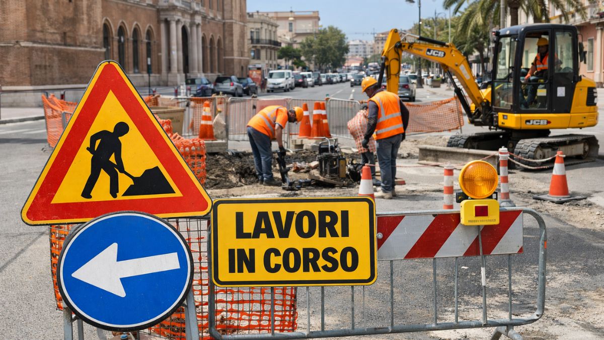 Cantiere stradale a Taranto con operai e segnaletica per il controllo dei lavori pubblici.