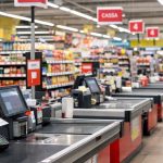 DO e GDO a Taranto: casse e corsie di un supermercato durante l’orario di apertura.