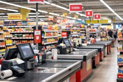 DO e GDO a Taranto: casse e corsie di un supermercato durante l’orario di apertura.