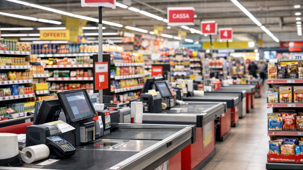 DO e GDO a Taranto: casse e corsie di un supermercato durante l’orario di apertura.