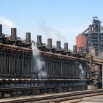 Immagine generata con intelligenza artificiale che illustra le batterie a coke di Acciaierie d’Italia a Taranto durante la fermata temporanea.