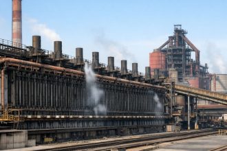 Immagine generata con intelligenza artificiale che illustra le batterie a coke di Acciaierie d’Italia a Taranto durante la fermata temporanea.