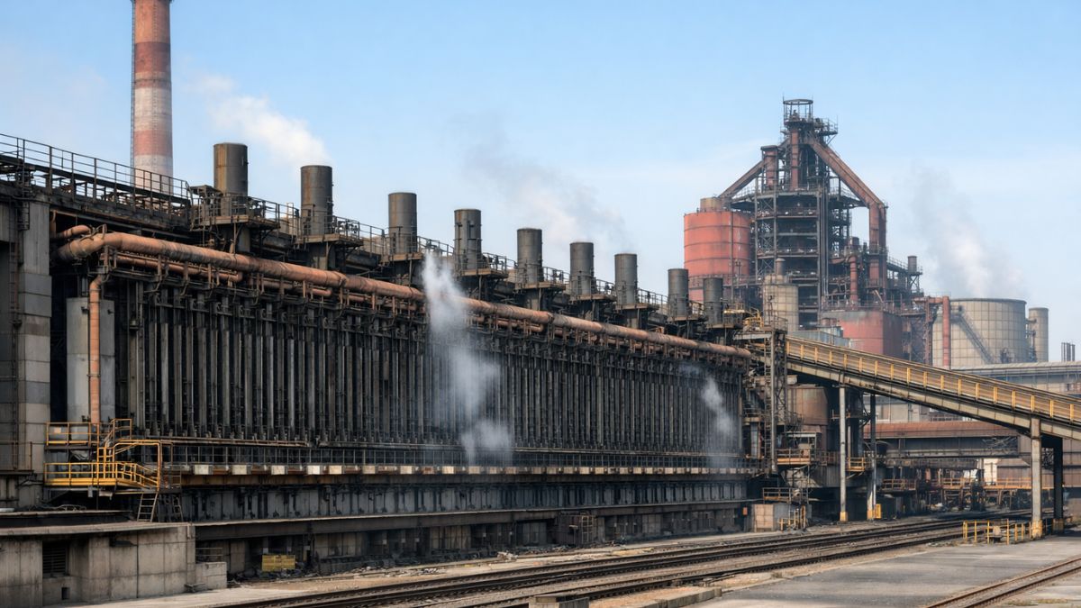 Immagine generata con intelligenza artificiale che illustra le batterie a coke di Acciaierie d’Italia a Taranto durante la fermata temporanea.