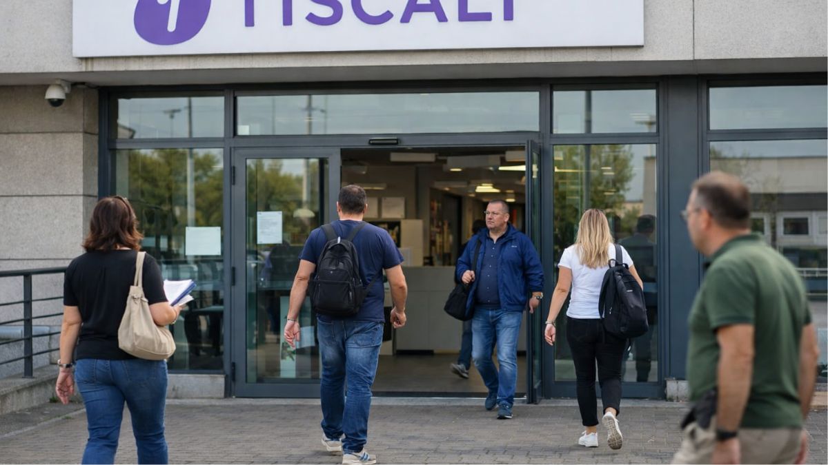 Ingresso di una sede operativa legata alle telecomunicazioni a Taranto, simbolo della crisi del settore TLC- l'immagine è a scopo figurativo